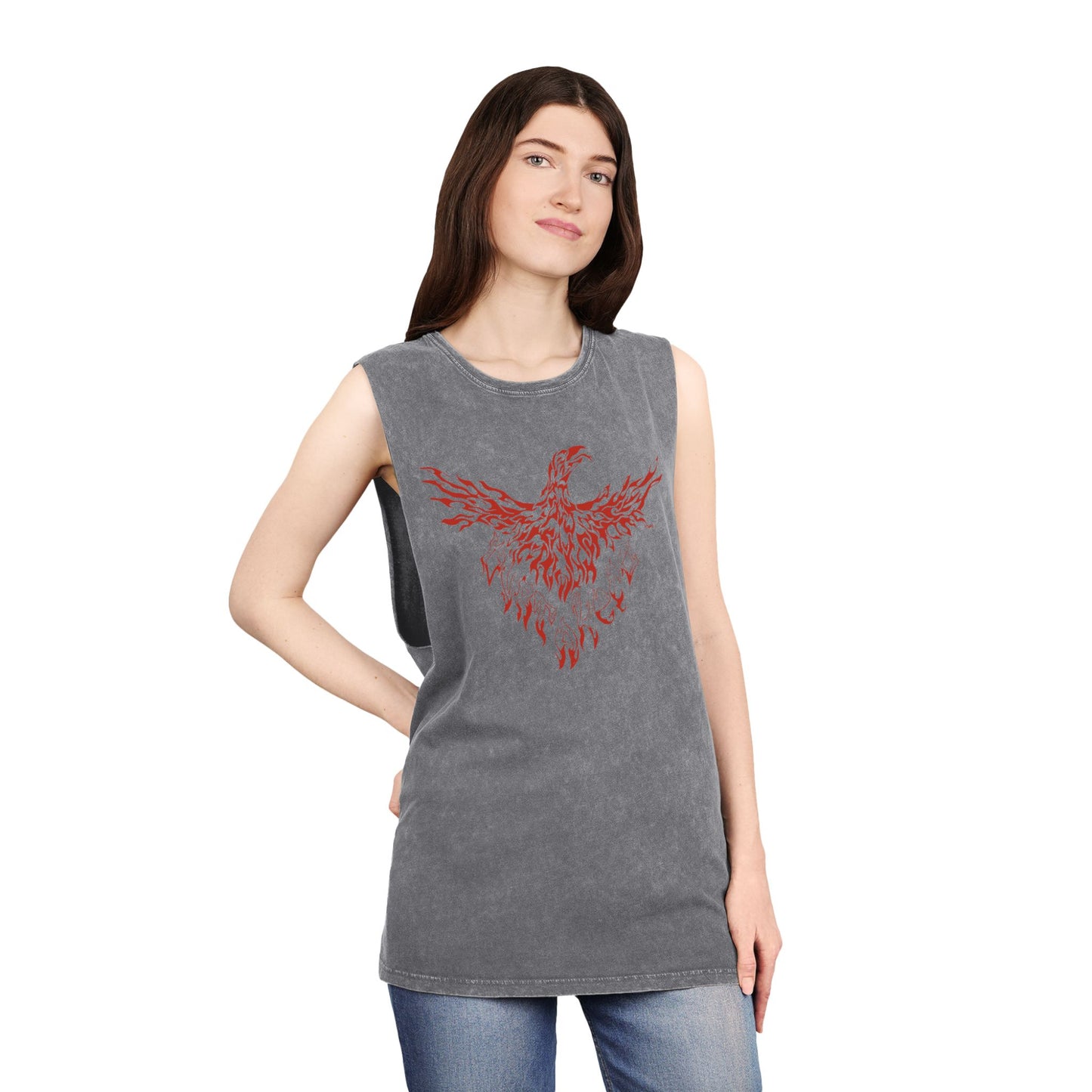 Stonewash Tank Top with Red Phoenix Graphic