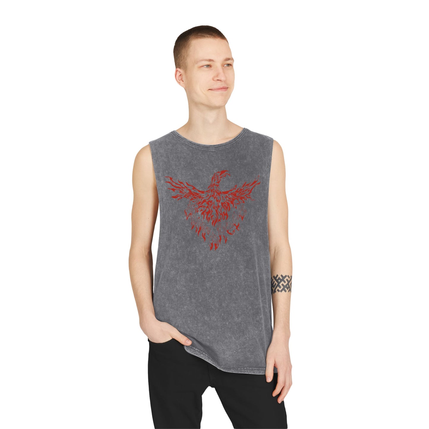 Stonewash Tank Top with Red Phoenix Graphic