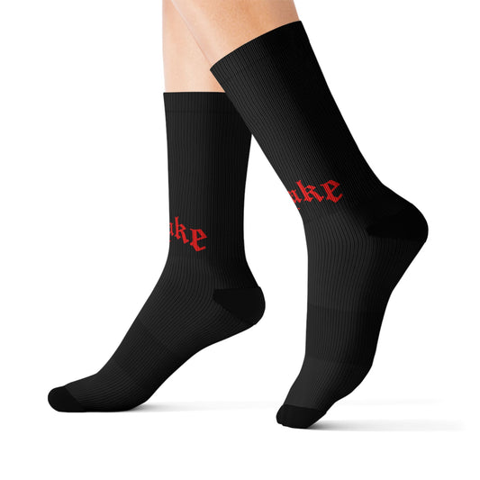 Ovrtakeco Black Socks with Red Text