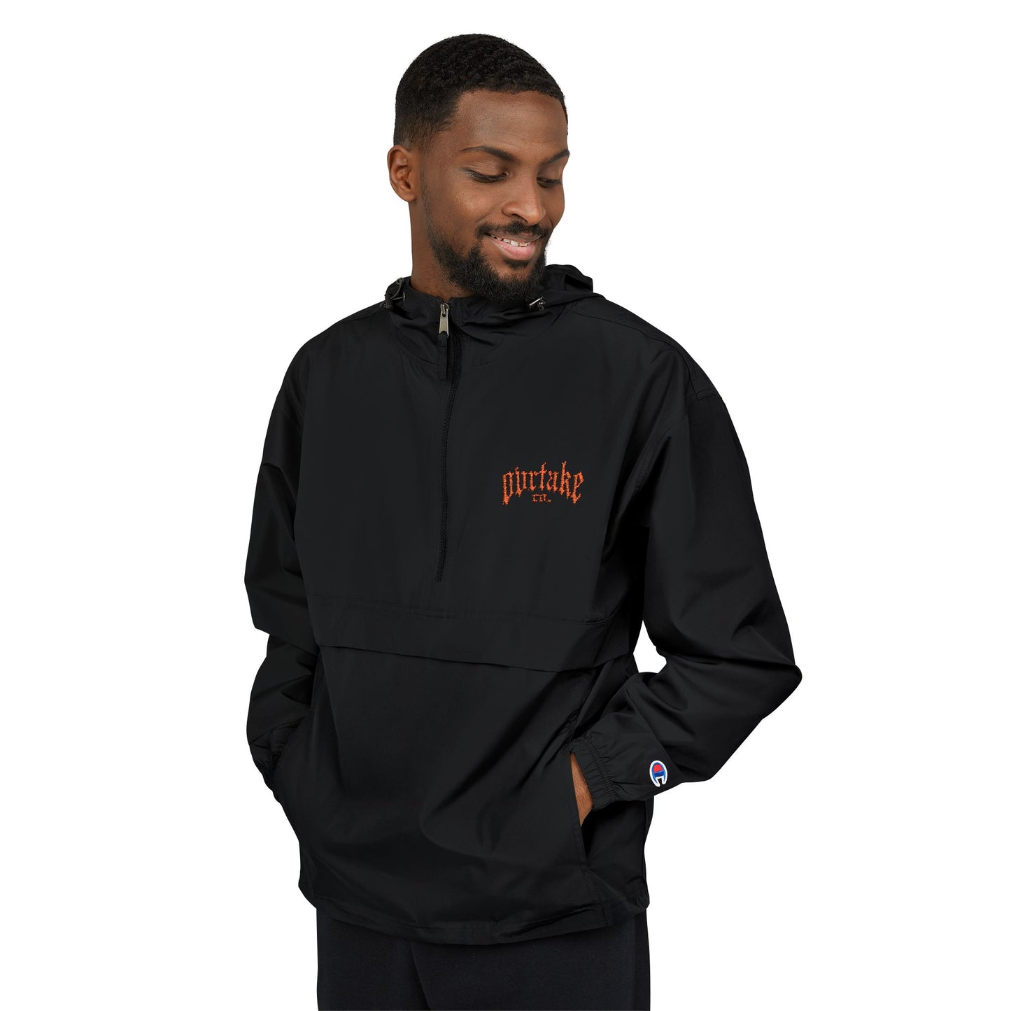 Ovrtake co Anorak Jacket — Black Windbreaker with Orange Flame Logo