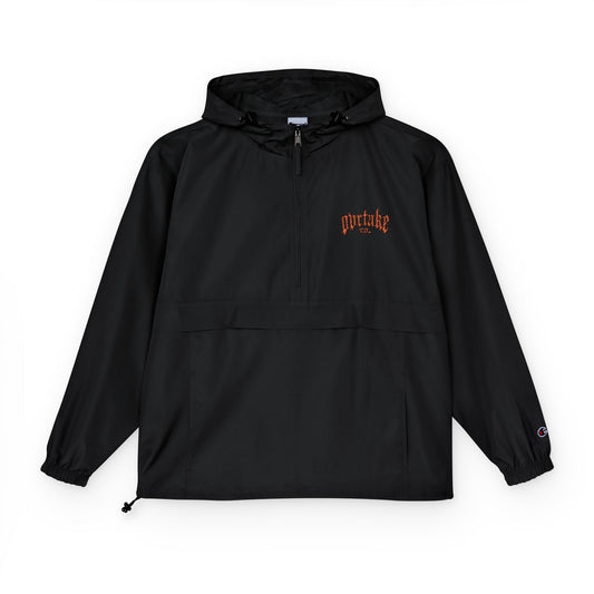 Ovrtake co Anorak Jacket — Black Windbreaker with Orange Flame Logo